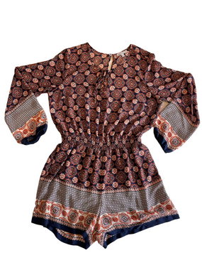 DR2 Daniel Rainn Boho Navy Coral Boho Pattern Long Sleeve Shorts Romper Large